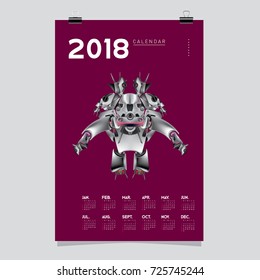 2018 Calendar design template. Vector 3d Realistic Robot and Toys Illustration for Cover.