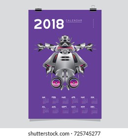 2018 Calendar design template. Vector 3d Realistic Robot and Toys Illustration for Cover.