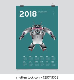 2018 Calendar design template. Vector 3d Realistic Robot and Toys Illustration for Cover.