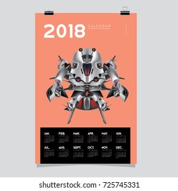 2018 Calendar design template. Vector 3d Realistic Robot and Toys Illustration for Cover.