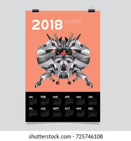2018 Calendar design template. Vector 3d Realistic Robot and Toys Illustration for Cover.