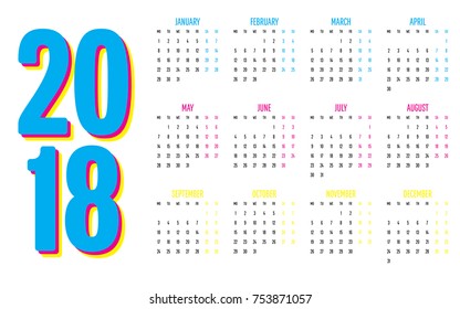 2018 Calendar Design Template Vector Illustration Simple Clear With CMY Color Theme Week Start from Monday