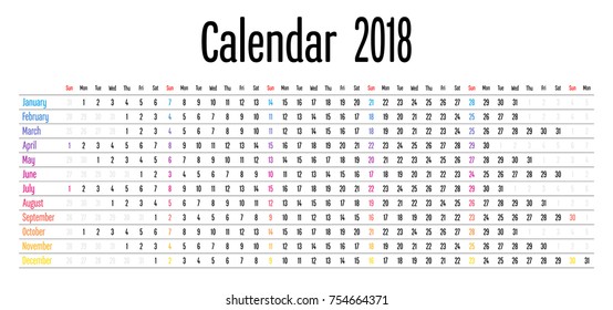 2018 Calendar Design Template Vector Illustration Simple Clear With CMYK Color Theme