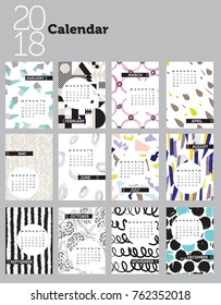 2018 calendar design with various pattern backgrounds for each month and custom handwritten days and weeks. Elegant decorative calendar, fully editable vector.