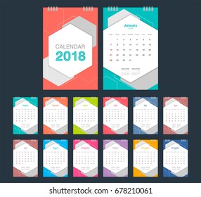 2018 Calendar. Desk Calendar modern design template. Week starts Sunday. Vector illustration.