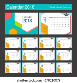 2018 Calendar. Desk Calendar modern design template. Week starts Sunday. Vector illustration.