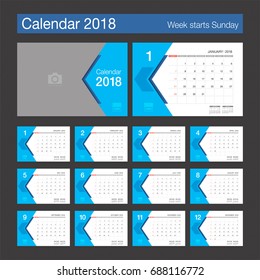 2018 Calendar. Desk Calendar modern design template with place for photo. Week starts Sunday. Vector illustration.