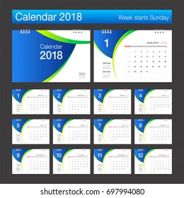 2018 Calendar. Desk Calendar modern design template. Week starts Sunday. Vector illustration.