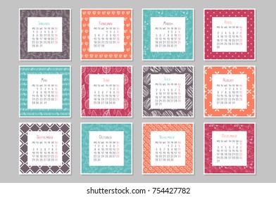  2018 Calendar with different seamless hand-drawn patterns 