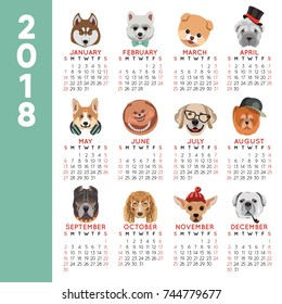 2018 calendar dog year breed cartoon pet icons month vector design template