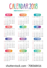 2018  Calendar doodle drawing Vector with week starting on sunday in white background