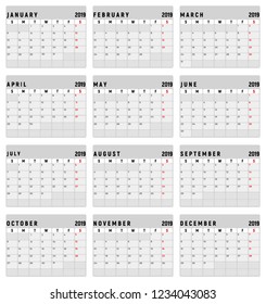 2018 Calendar. Editable vector, eps10, isolated background.