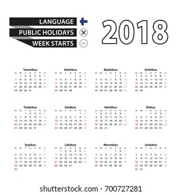 2018 calendar in Finnish language. Week starts from Sunday. Vector Illustration.