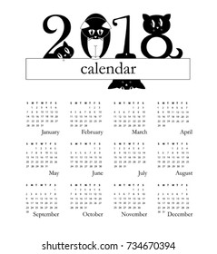 2018 calendar with funny cats as a digits - week starts on Sunday - original funny illustration