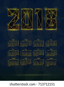 2018 calendar in futuristic style Vector illustration with gold elements. Can be used for design business flyers, Christmas and Happy New Year greeting and invitation cards.