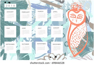 2018 calendar. Hand drawn brush strokes. Owl drawing. Abstract tropical background in pastel colors. Ginkgo biloba leaves. Horizontal wallpaper.