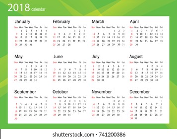 2018 Calendar - illustration Vector template of color 2018 calendar