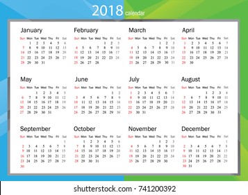 2018 Calendar - illustration Vector template of color 2018 calendar