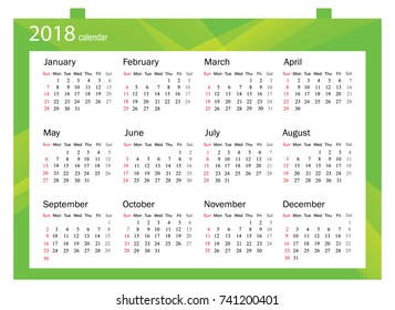 2018 Calendar - illustration Vector template of color 2018 calendar