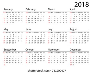 2018 Calendar - illustration Vector template of color 2018 calendar