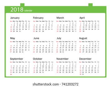 2018 Calendar - illustration Vector template of color 2018 calendar