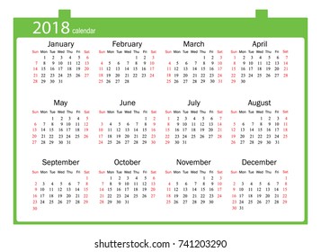 2018 Calendar - illustration Vector template of color 2018 calendar