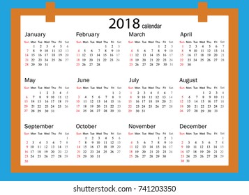 2018 Calendar - illustration Vector template of color 2018 calendar