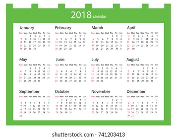 2018 Calendar - illustration Vector template of color 2018 calendar