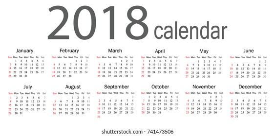 2018 Calendar - illustration Vector template of color 2018 calendar