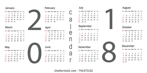 2018 Calendar - illustration Vector template of color 2018 calendar
