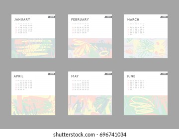 2018 calendar. January, February, March, April, May, June. Hand drawn brushstrokes in light pastel trendy colors. 