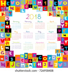 2018 Calendar with letters for schools