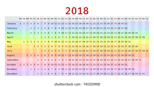 2018 Calendar in linear design. Vector. Colorful stationery template. Yearly calendar organizer.