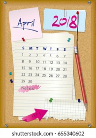 2018 calendar - month April - cork board with notes