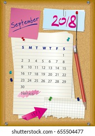 2018 calendar - month September - cork board with notes