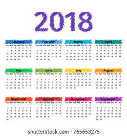 2018 calendar with months of the year. Vector graphics. Week starts Sunday. Design stationery template. Colorful illustration. Yearly simple calendar organizer on white background
