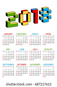 2018 calendar on a white background in style of old 8-bit video games. Week starts from Sunday. Vibrant colorful 3D Pixel Letters. Retro arcade, computer program screen Vector illustration.