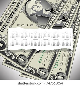A 2018 calendar with one dollar bills as background
