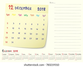 2018 Calendar Paper Note, December 2018 year vector calendar design