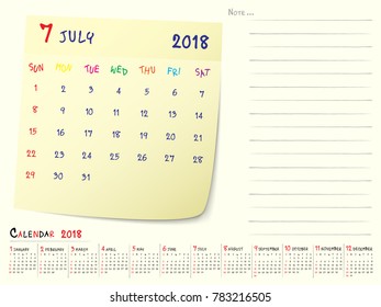 2018 Calendar Paper Note, July 2018 year vector calendar design