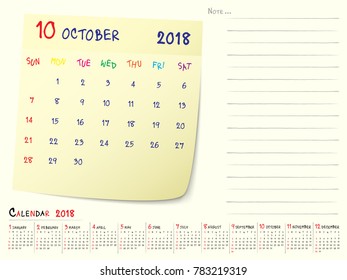 2018 Calendar Paper Note, October 2018 year vector calendar design