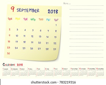 2018 Calendar Paper Note, September 2018 year vector calendar design