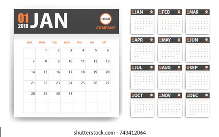 2018 calendar in paper stickers with shadow style. Blue and orange. Event planner. All size. Vector illustration