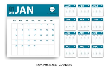 2018 calendar in paper stickers with shadow style. Blue and white. Event planner. All size. Vector illustration