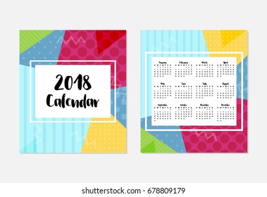 2018 calendar, patchwork pattern style, vector illustration. Trendy colors, polka dot, stripes, hand drawn text, 12 months template.