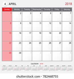 2018 Calendar Planner Design, April 2018 year vector calendar design