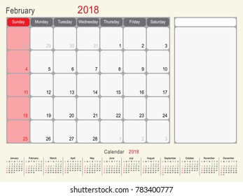 2018 Calendar Planner Design, February 2018 year vector calendar design