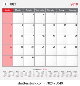 2018 Calendar Planner Design, July 2018 year vector calendar design