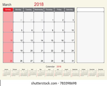 2018 Calendar Planner Design, March 2018 year vector calendar design