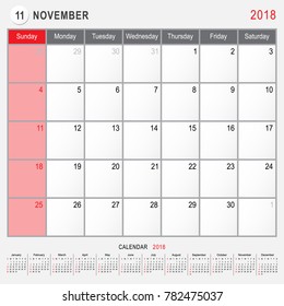 2018 Calendar Planner Design, November 2018 year vector calendar design